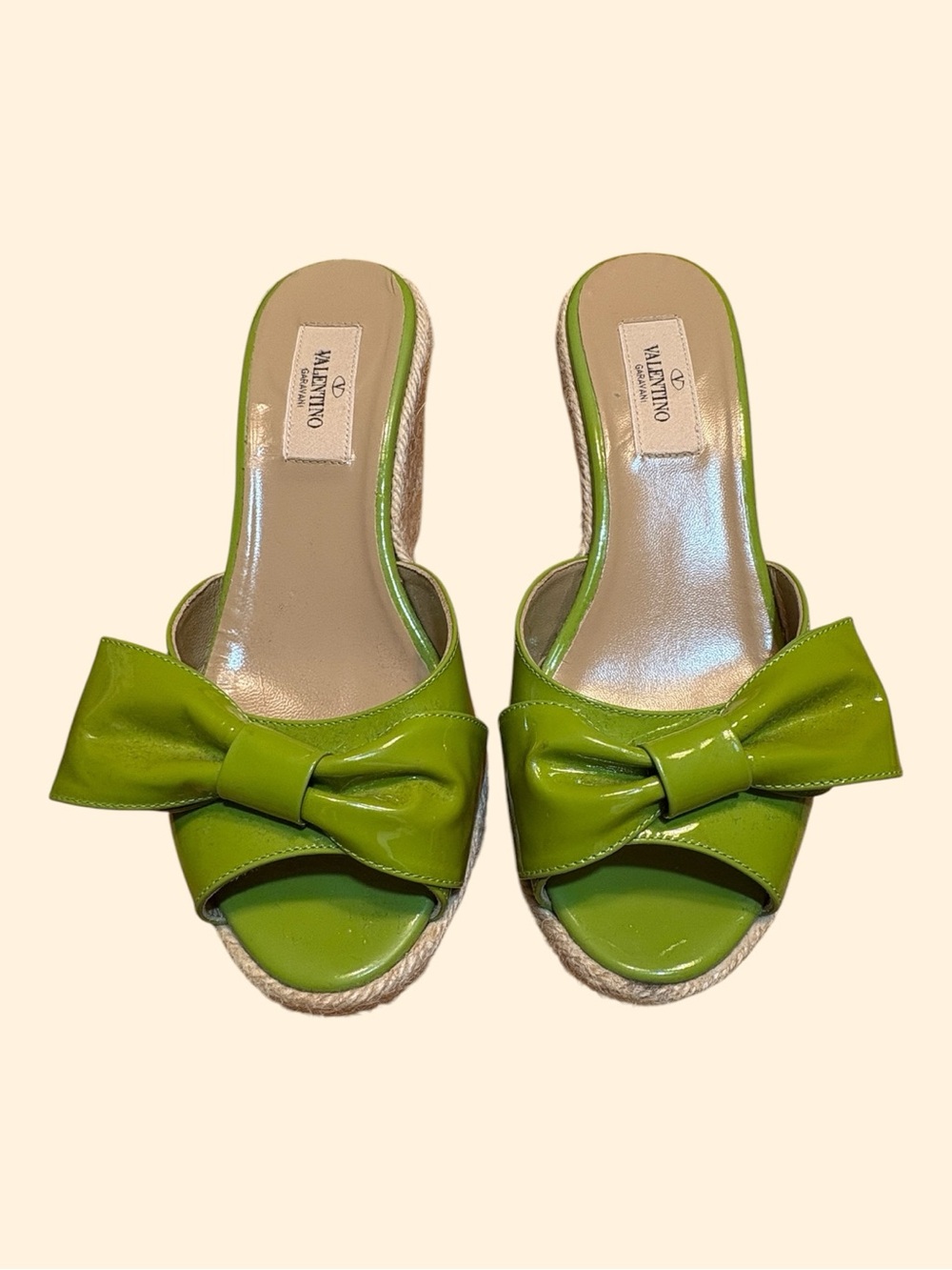 Valentino Garavani Mena Lime Patent Leather Bow Espadrille Wedge